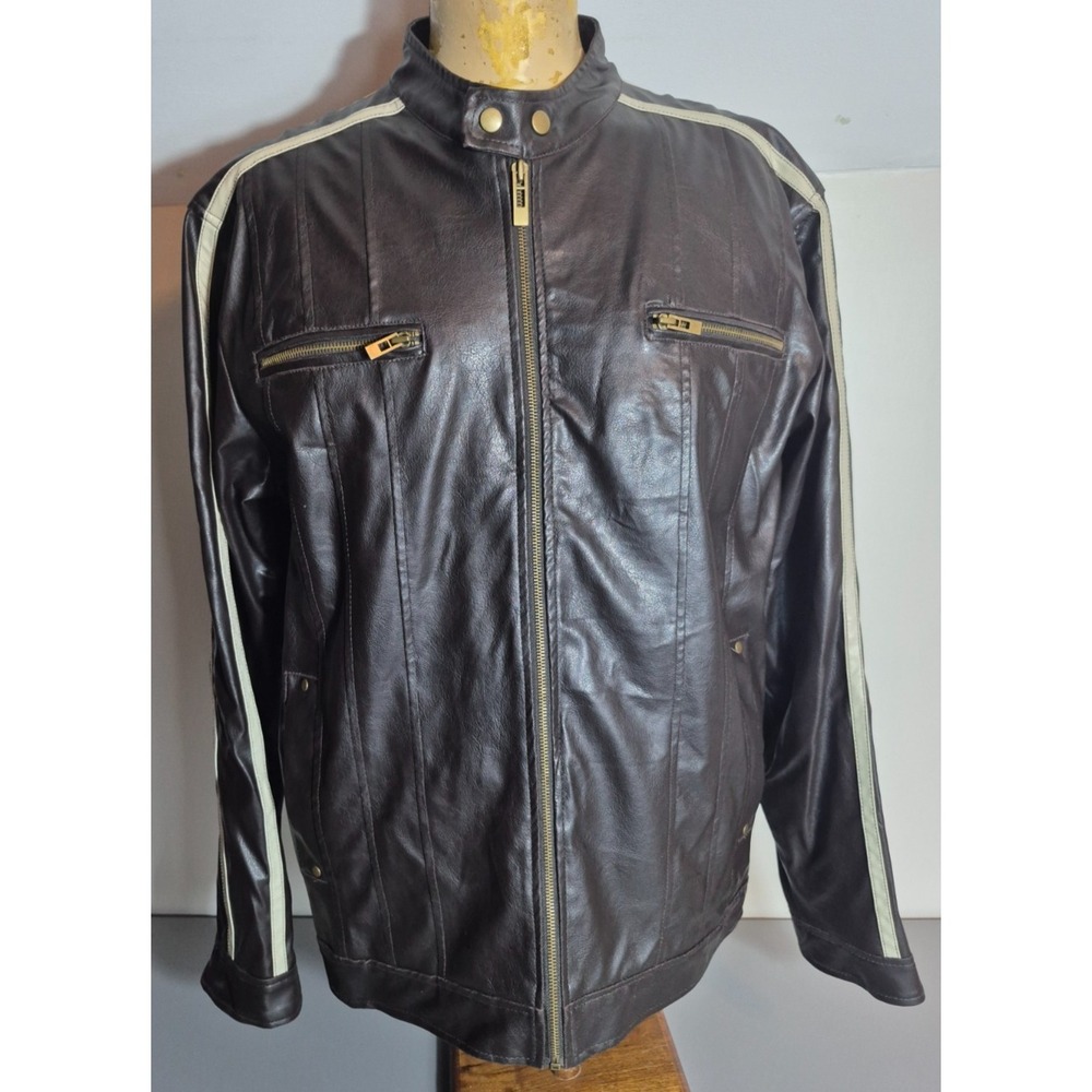 Distortion Custom Rags Mens Faux Leather Motorcycle Jacket XL Brown Striped